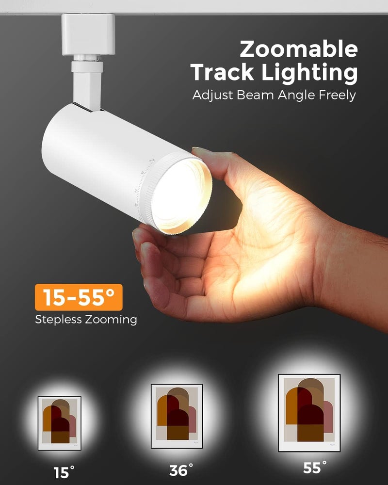 VANoopee 3-Color Zoomable J Type Track Lighting Heads 10W for Juno Rail - Bright LED Track Light Heads Fixtures 3000K 4000K 5000K Ceiling Spot Accent Light, No Flicker CRI90+ 15-55° 800lm White 4 Pack - Image 2